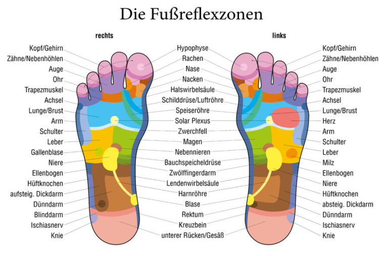 Grafik von Fußsohlen mit farbig dargestellten Reflexzonen
